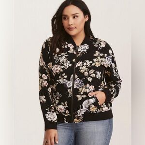 Torrid Twill Print Bomber Jacket Floral Cranes Black Pink Cream Lightweight